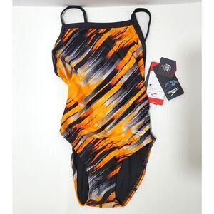 Speedo Power Flex Eco Racing Cut Flyback Swimsuit Orange & Black Size 26 XS